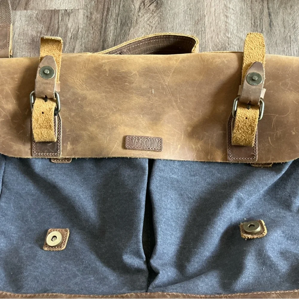 Messenger Bag VASCHY Brown Leather Denim Canvas Computer Pockets Crossbody Tote